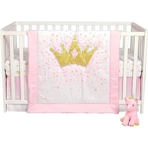 Sammy & Lou Tiara Princess 4-Piece Baby Nursery Crib Bedding Set for Girls, Includes Quilt, Fitted Crib Sheet, Crib Skirt, and Plush Toy