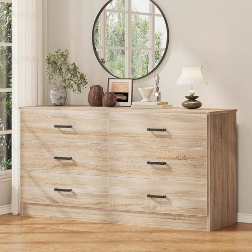 Bigbiglife Dresser for Bedroom, 6 Drawer Double Dresser, Modern Chest of Drawers with Deep Drawers, Dresser TV Stand Large Storage Organizer for Living Room, Closet (Light Oak)