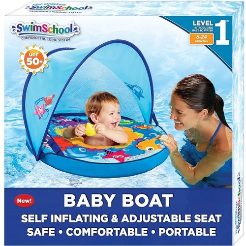 SwimSchool Infant Baby Pool Floats, Free Swimming, Super Buoyant – Ages 6-24 Months – Multiple Colors/Styles – Adjustable Canopies and Seats, Splash & Play Baby Floaties - Self-Inflating Baby Boat W/SunShade