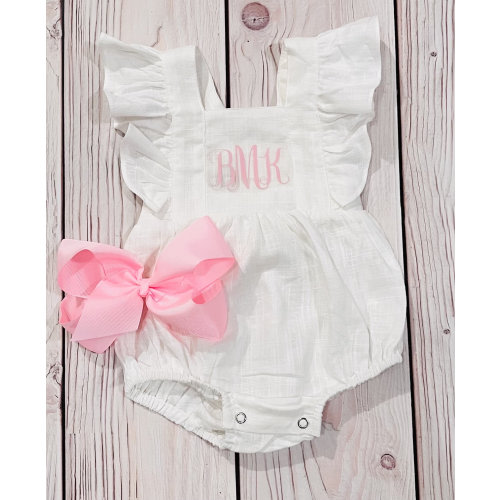 Baby girl white bubble romper, summer boho outfit, white linen romper, spring clothing, baby shower girl gift, monogram