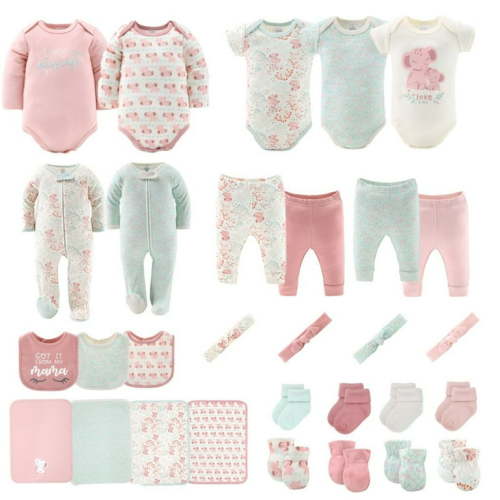 The Peanutshell 16-Piece Baby Layette Newborn Clothing Gift Set for 3 to 6 Months, Floral Elephant
