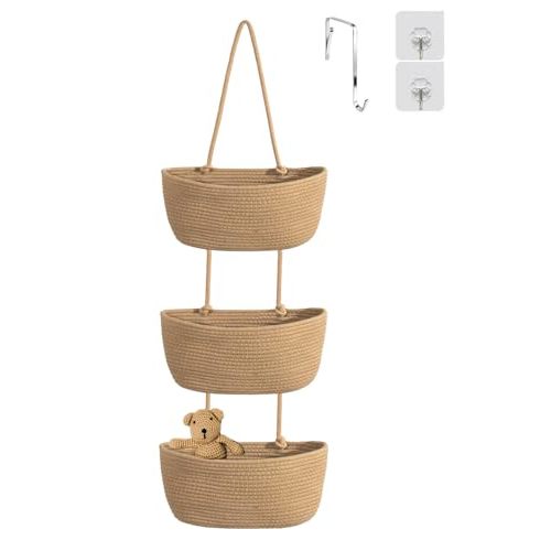 YYaaloa Woven Cotton Hanging Baskets for Organizing Decor 3-Tier Over the Door Wall-Mounted Storage Bag Nursery Baskets for Organizing Living Room, Bathroom and Bedroom (Brown)