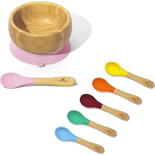 Avanchy Bamboo Baby Bowl with Spoon and Removable Silicone Suction Base – Non-Toxic, BPA-Free Feeding Bowl for Babies and Toddlers – Natural Bamboo Suction Bowl, Pink with 6 Spoons