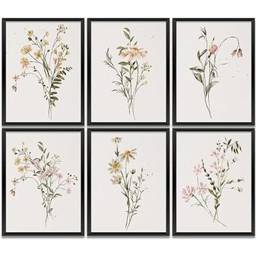 6PCS Colorful Wildflower Art Wall Art Prints Artwork Paintings for Home Farmhouse Office Bathroom Kitchen Bedroom Wall Decor (8x10 inch，Unframed), Watercolor Botanical Flower Teen Girls Room Decor