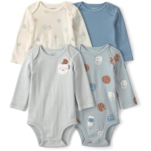 Carter's Boy 4-Pack Long Sleeve Bodysuits, Multi Milk & Cookies, 3M