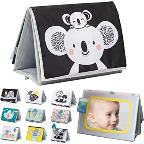 Taf Toys Koala Infant Tummy-time High Contrast Soft Crinkle Activity Book with Huge Baby Safe Mirror, 3D Activities, Textures and a Soft Baby Teether