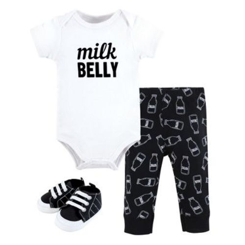 Hudson Baby Infant Boy Cotton Bodysuit, Pant and Shoe Set, Modern Milk Belly, 9-12 Months