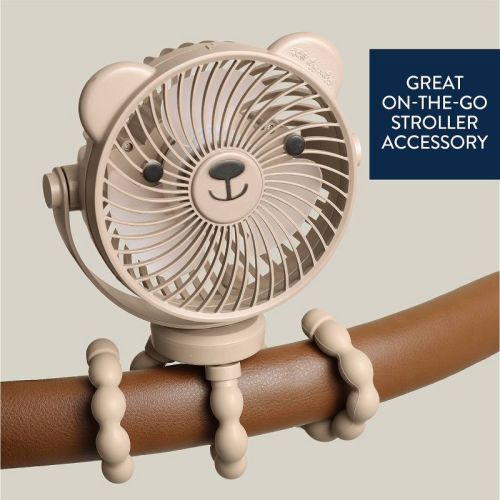 Itzy Ritzy Itzy Breeze 3-Speed Stroller Fan with Rechargeable Battery and Easy Attach Design - Tan Bear
