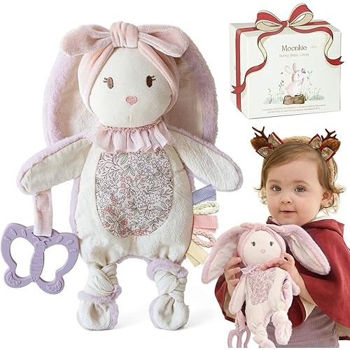 Moonkie Baby Lovey with Silicone Teether, Bunny Security Blanket with Textured Ribbons, Crinkle Toys, Soft Minky Velour & Natural Cotton, Newborn Girl Gift for Baby Shower or Birthday