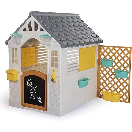 Garden Playhouse with Fence - White-Grey-Yellow - Outdoor-Indoor Toy, Chalkboard Door, Durable Charming Design, Easy Assembly, Kids-Toddlers 2+