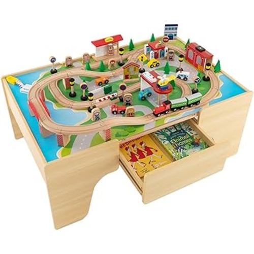 INFANS Train Table, 84 Pieces Wooden Kids Activity Toy Table Playset with Reversible Detachable Tabletop, Tracks, Train, Railway, City, Gift for Toddler Boys Girls Ages 3+ (38” x 24.5” x 15.5”)