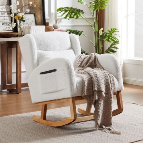 Modern Lounge Rocker Recliner,Ivory Fabric Rocking Chair With Pockets,Comfy Accent Arm Chair With Solid Wood Legs,Leisure Chairs-Cuddlewood