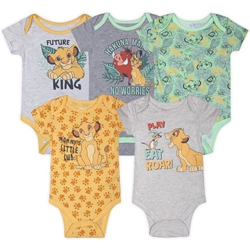 Disney Lion King Simba, Timon and Pumbaa Boys’ 5 Pack Bodysuits for Newborn and Infant – Yellow/Green/Grey