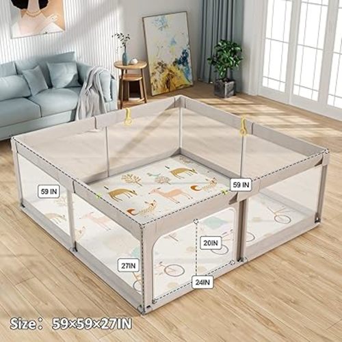 Mloong Baby Playpen with Mat, 59x59 Inches Extra Large Playpen for Babies and Toddlers, Indoor & Outdoor Activity Center, Safety Baby Fence with Gate