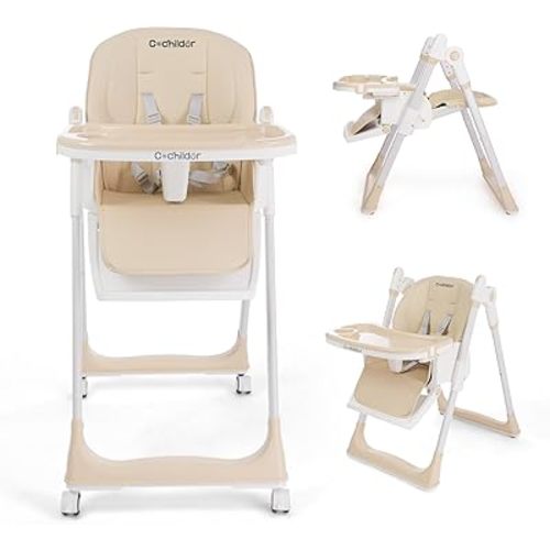3-in-1 Foldable High Chair for Babies & Toddlers – Adjustable Height, Reclining Seat, 5-Point Safety Harness, Removable Tray, Lockable Wheels and Washable Cushion, Beige