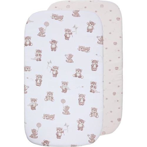 100% Organic Cotton Bedside Sleeper Bassinet Fitted Sheet 2 Pack -Premium Fabric for Baby's Best Comfort,Super Soft Baby Quilt, 92x47x12cm Soft,Breathable,Snug Fit GOTS Certified (Cuddly Bear)
