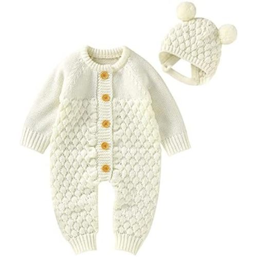Newborn Baby Girl Boy Cable Knitted Sweater Romper Infant Long Sleeve Bodysuit Knit Cap Hat Set Autumn Winter