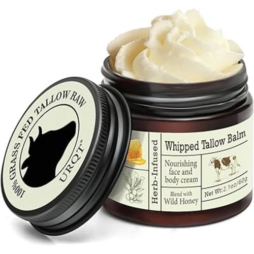 URQT Beef Tallow for Skin - Organic Grass-Fed Whipped Beef Tallow and Honey Balm - Deeply Moisturizing for Face & Body - Natural Skin Care for Soft, Supple Skin