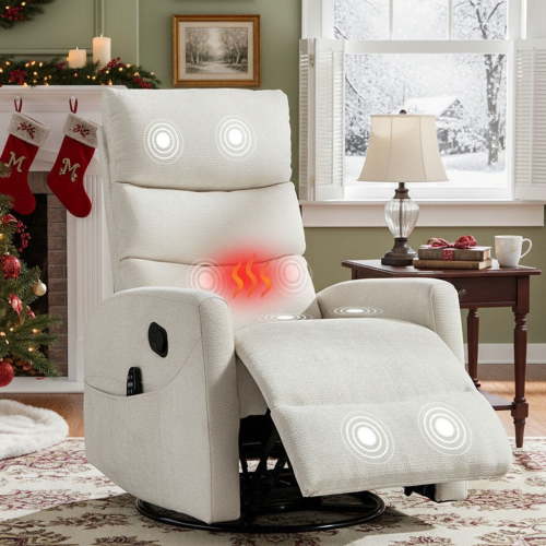 HSUNNS 360° Swivel Rocker Recliner Chair with Heat Massage, Chenille Manual Single Rocker Sofa Recliner Chair with Side Pockets for Living Room Home Theater, Beige