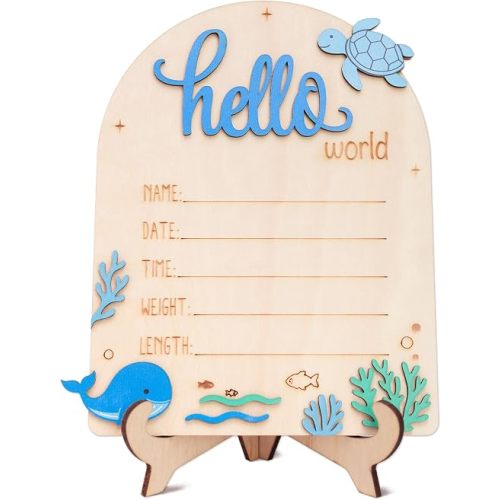 Baby Announcement Sign, Ocean Theme Wooden Hello World Newborn Sign, Birth Announcement Sign for Hospital, Baby Boy Welcome Sign with 3D Whale and Turtle