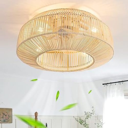 20" Boho Caged Ceiling Fan with Lights Flush Mount, Low Profile Rattan Ceiling Fans with Lights and Remote Control, Enclosed 6 Speeds for Bedroom, Living Room, Kitchen