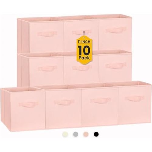 Criusia Storage Cubes, 11 Inch Cube Storage Bins for Shelves Closet Bedroom Baby Nursery - 10 Pack Collapsible Storage Baskets with Handles - Fabric Bins for Organizing Clothes Blanket Toys (Pink)
