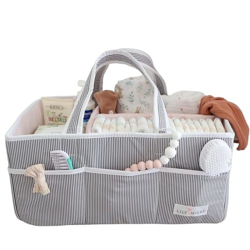 Lily Miles Baby Diaper Caddy Organizer - Girl Nursery Storage Basket Bin Baby Item Pink Blush, Large - Gray/Blush - Large (Pack of 1)