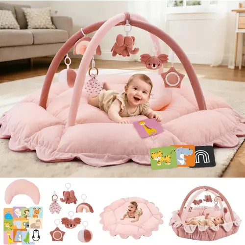 5-in-1 Baby Activity Gym & Play Mat with 6 Hanging Toys, Tummy Time Pillow & Cards - Extra Large, Reversible Machine Washable Pad - Gift for Newborns, Infants 0-12 Months, Pink