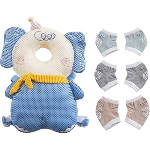Baby Head Protector Cushion Backpack with 3 Baby Knee Pads for Walking & Crawling.(Elephant)