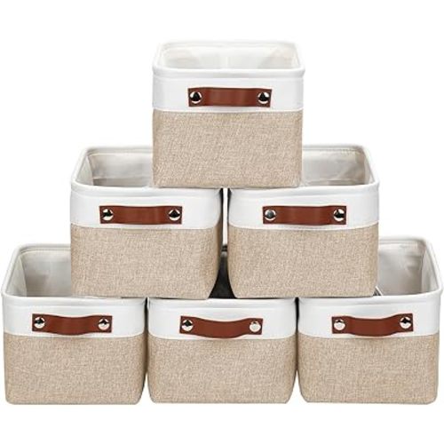 Small Storage Basksts with PU Handle - 12*8*6 inch Decorative Fabric Storage Bins, Foldable Linen Closet Cubes, Organizer Container for Home, Shelves, Nursery, Dorm, Gift (Beige&White)
