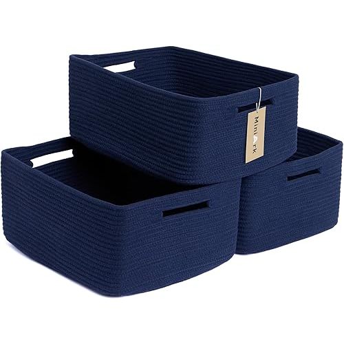 Large Storage Baskets for Shelves, Closet Organizers Bins for Clothes Blanket Towels, Baby Nursery, Toy Baskets Box, Woven Rope Baskets, 17 x 13 x 7.5”, 3 Packs Navy Blue