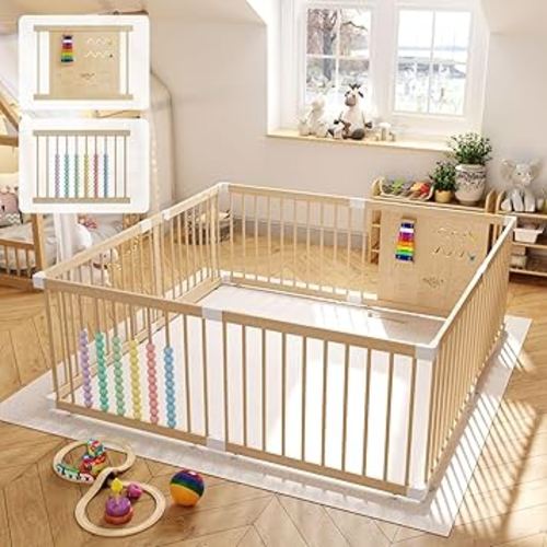 Large Wooden Baby Playpen - Shape & Size Adjustable Playpen for Babies and Toddlers, Baby Fence Baby Play Yard with Door, Baby Gate Play Pen for Kids Activity Center with Toys Panel 63”×63”