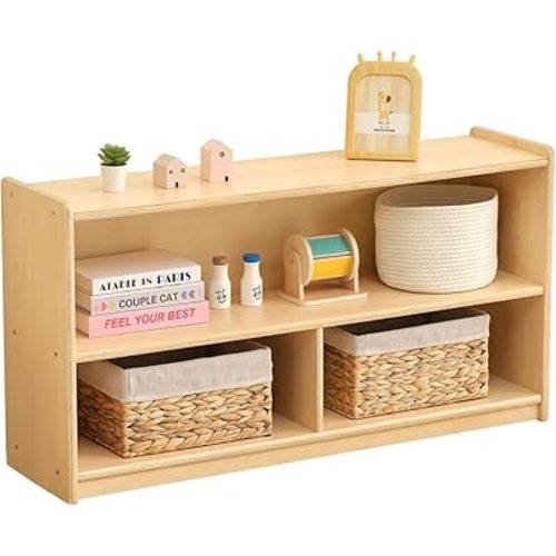 2-Shelf Montessori Shelf Toy Organizer and Storage for Kids, 3-Section Wooden Storage Cabinet Shelves for Classroom, Kindergarten, Kids Room, Playroom