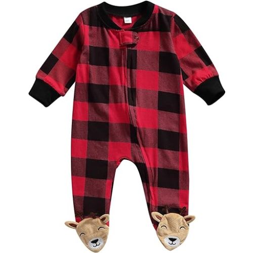 Kuriozud Newborn Baby Girl Boy Footie Romper One Piece Jumpsuit Sleeper Infant Clothes - 0-3 Months - Plaid Zipper Footie B