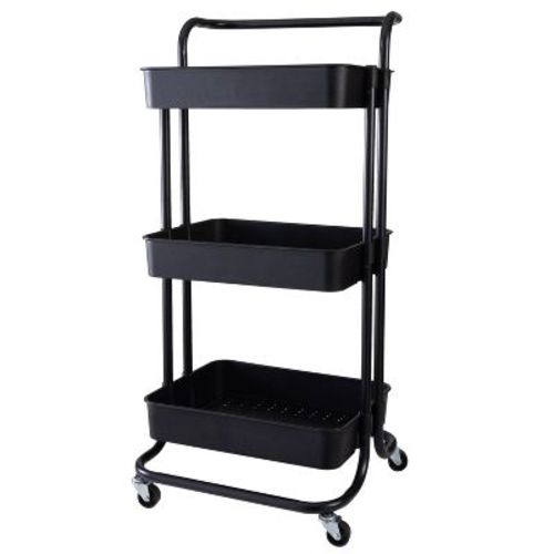 Organize It All 3 Tier Storage Rolling Metal Utility Cart with Basket Wheels Black