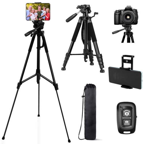 63" Tripod Stand, Camera Tripod with Travel Bag, Extendable Cell Phone Tripod Stand with Wireless Remote and Phone Holder, Compatible with Cameras, Phone & Tablet, Sport Camera