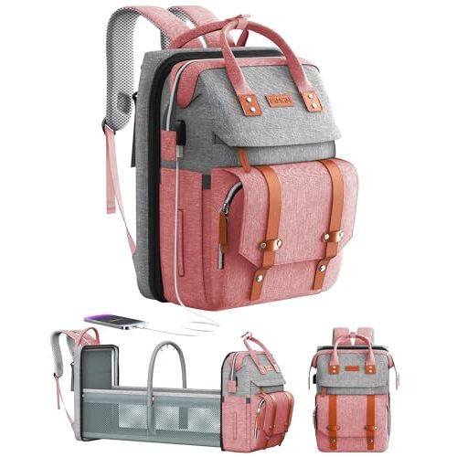 ISMGN Diaper Bag Backpack with Changing Station, Large Diaper Bag, Baby Bag with Changing Station, Pink Diaper Bag, Pinkgray