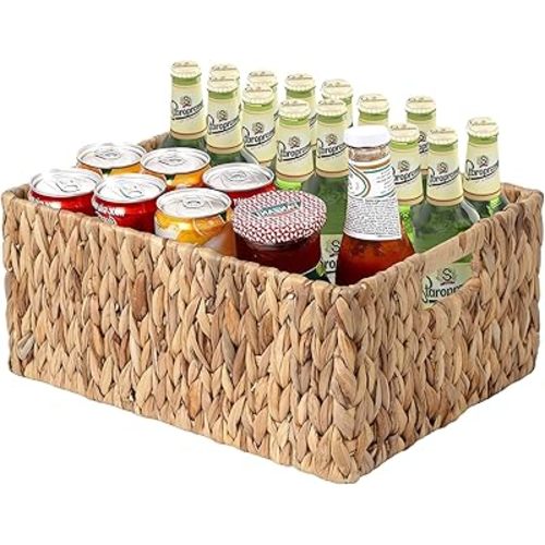 JS HOME Jumbo Wicker Basket for Orgainzing, Extra Large Rectangular Water Hyacinth Storage Wicker Shelf Basket with Built-in Handles, 1 Pack