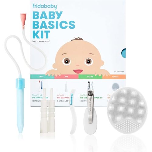 Frida Baby Basics Kit, 6pc Baby Essentials Kit Includes Nasal Aspirator Snotsucker, NailFrida Nail Files, Windi Gas Relief, DermaFrida Bath Brush + Silicone Carry Case