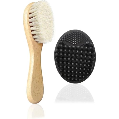 Baby Hair Brush, Mocokkiti Goat Bristles Brush and Baby Cradle Cap Brush Set for Cradle Cap Wood Bristle Brush for Newborns and Toddlers 2PCS