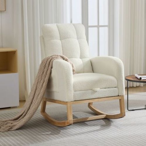 Nursery Rocking Chair - Linen/Teddy Upholstered Glider Rocker with Side Pocket, Footrest, High Back Nursing Chair, Modern Accent Armchair