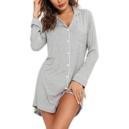 Samring Pajama Nightgown for Women Short/Long Sleeve Button Down Nightwear Top Boyfriend Sleep Shirts Nightdress S-XXL