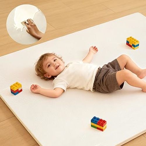 Baby Play Mat for Floor, 50"×50" Playpen Mat, 1.3" Thick Elasti-Foam, Non-Slip Crawling Mat for Tummy Time, Waterproof & Wipe-Clean Playmat for Toddler,Infant, Kids (Beige)