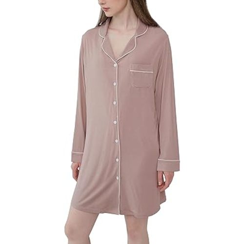 Amorbella Womens Bamboo Viscose Sleep Shirt Long Sleeve Button Down Nightgowns Boyfriend Nightshirt S-XXL