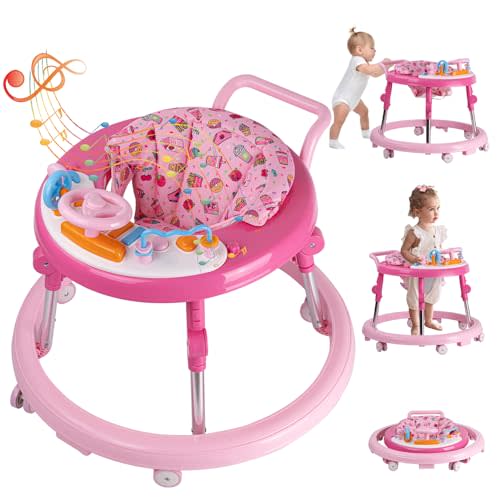 ErmeiRabbit Baby Walker Foldable, Baby Walkers and Activity Center for Boys Girls Babies 6-18 Months with Feeding Tray & Music, and 5 Adjustable Heights, Baby Walker with Wheels…