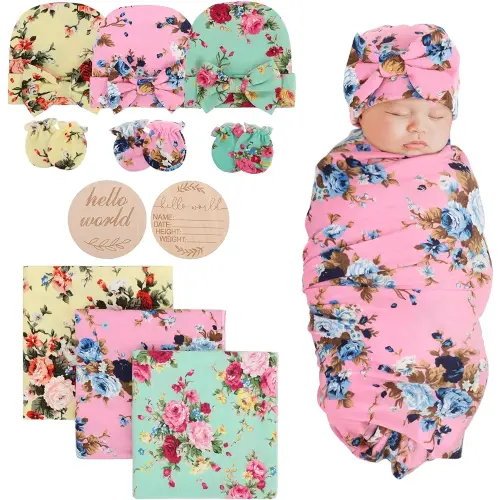 DRESHOW BQUBO Newborn Floral Receiving Blankets Newborn Baby Swaddling Hats Sleepsack Toddler Warm Shower Gift 3 Pack