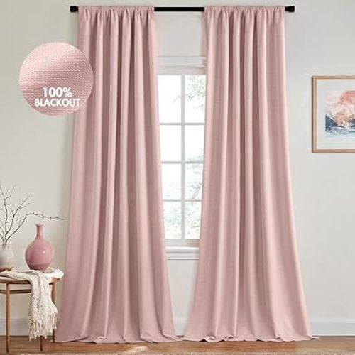MIULEE 100% Blackout Curtains 84 Inch Long 2 Panels for Bedroom, Thick Luxury Faux Linen Black Out Curtain Room Darkening Back Tab Pleat Window Textured Drapes with Hooks for Living Room, Baby Pink