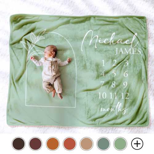 Customizable Sage Green Milestone Blanket - Days Weeks Month - Minimalist - Baby Shower Gift - New Baby Name Gift Boy