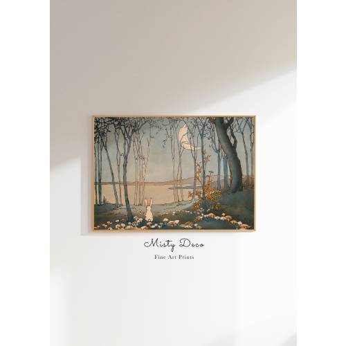 16x20 Cute Vintage Rabbit Illustration for Nursery and Kids Room, Enchanting Painting of a Rabbit Looking at the Moon, Vintage Fine Art Print.