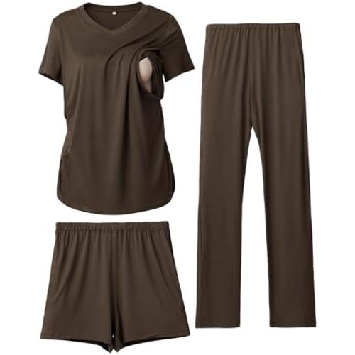 Rnxrbb 3 Piece Women's Maternity Nursing Pajamas Set V Neck Breastfeeding Pjs Sleepwear Postpartum Shorts&Pants Pockets